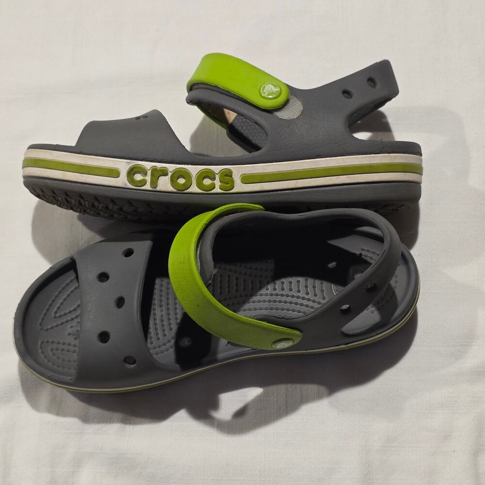 Crocs Kids Bayaband Sz 3 Sandals Grey Green Hook & Loop V*lcro Summer Shoes